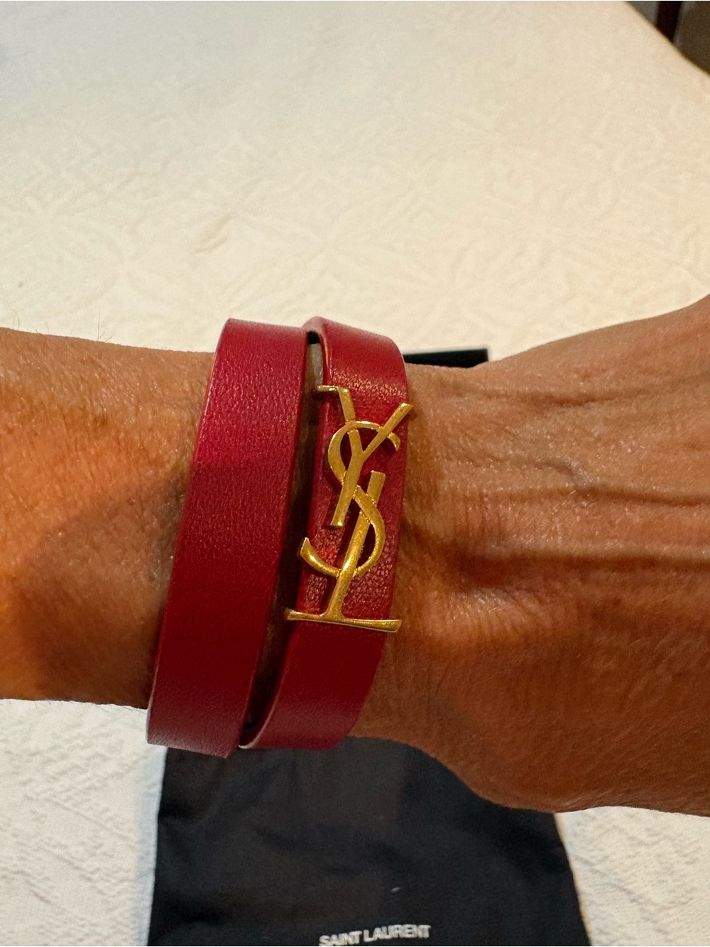 Saint Laurent Red Double-Wrap Leather Bracelet with Gold YSL Emblem